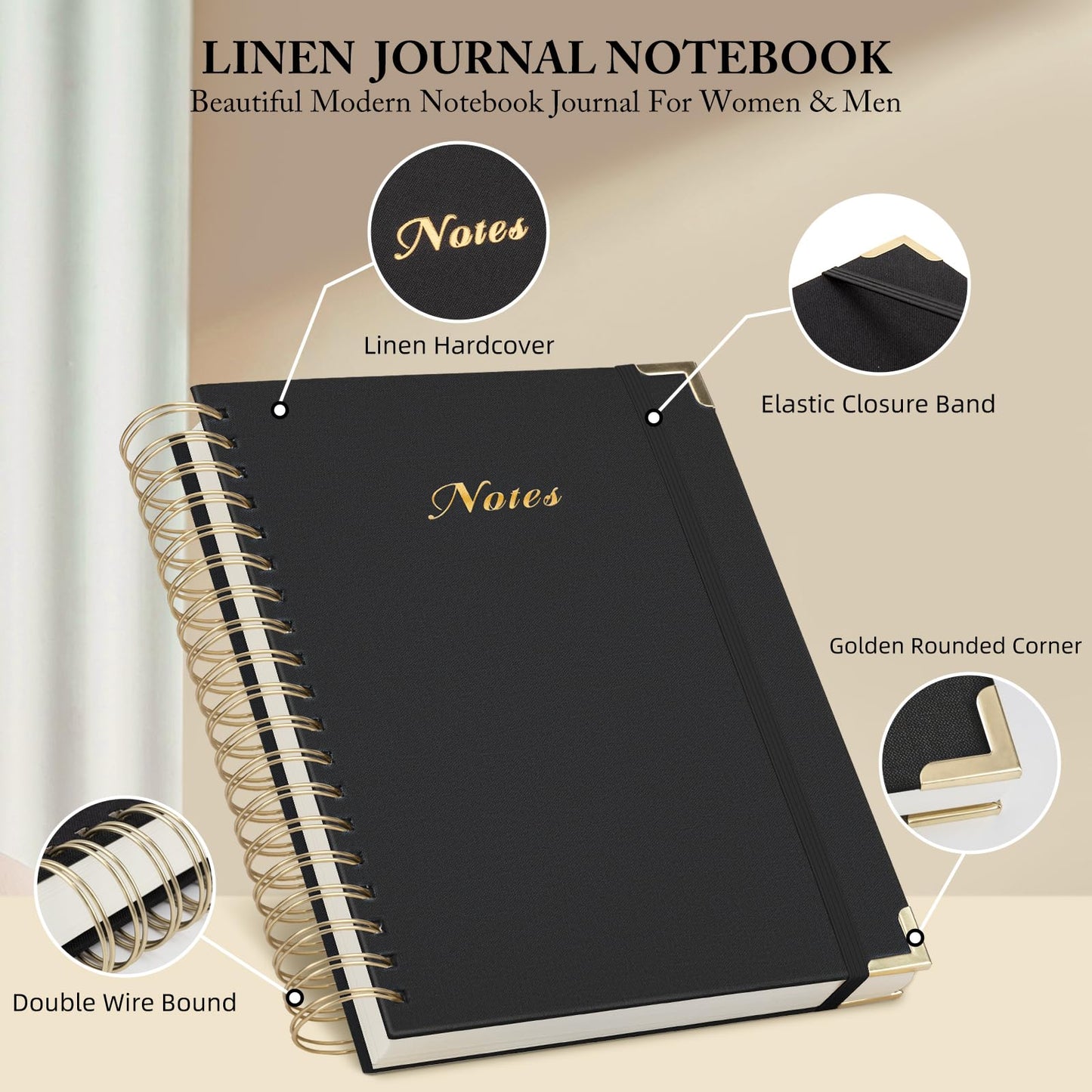 ALKALO Spiral Notebook Journal, 328 Pages Linen Hardcover College Ruled Notebook, Lined Thick Journals for Women Men, A5 Thick Spiral Journal for Writing, 100GSM Paper, Cute Notebooks for Work School