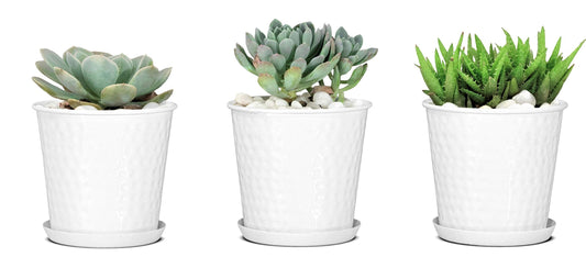 Monarch Abode 20010 Indoor Plants (Set of 3) Hand Hammered Flower Succulent Pots Planter with Drainage Hole, Classic White