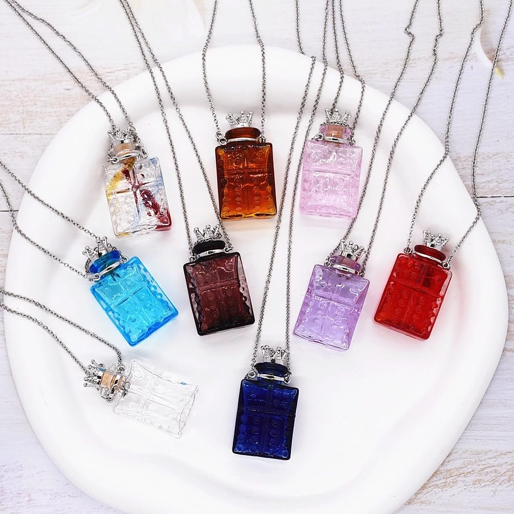 Handcrafted Glaze Glass Square Refillable Essential Oil Necklace Pendant - Aromatherapy Perfume Diffuser Pendant with Stainless Steel Chain (Brown)