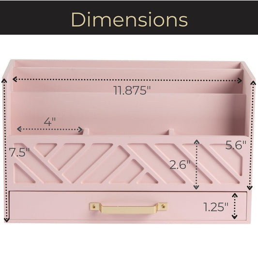 BLU MONACO | Pink Desk Organizers Wooden Mail Organizer with Drawer | Mail Sorter Organizer Countertop Gold Handle | Desk Organizers and Accessories Pink Office Storage