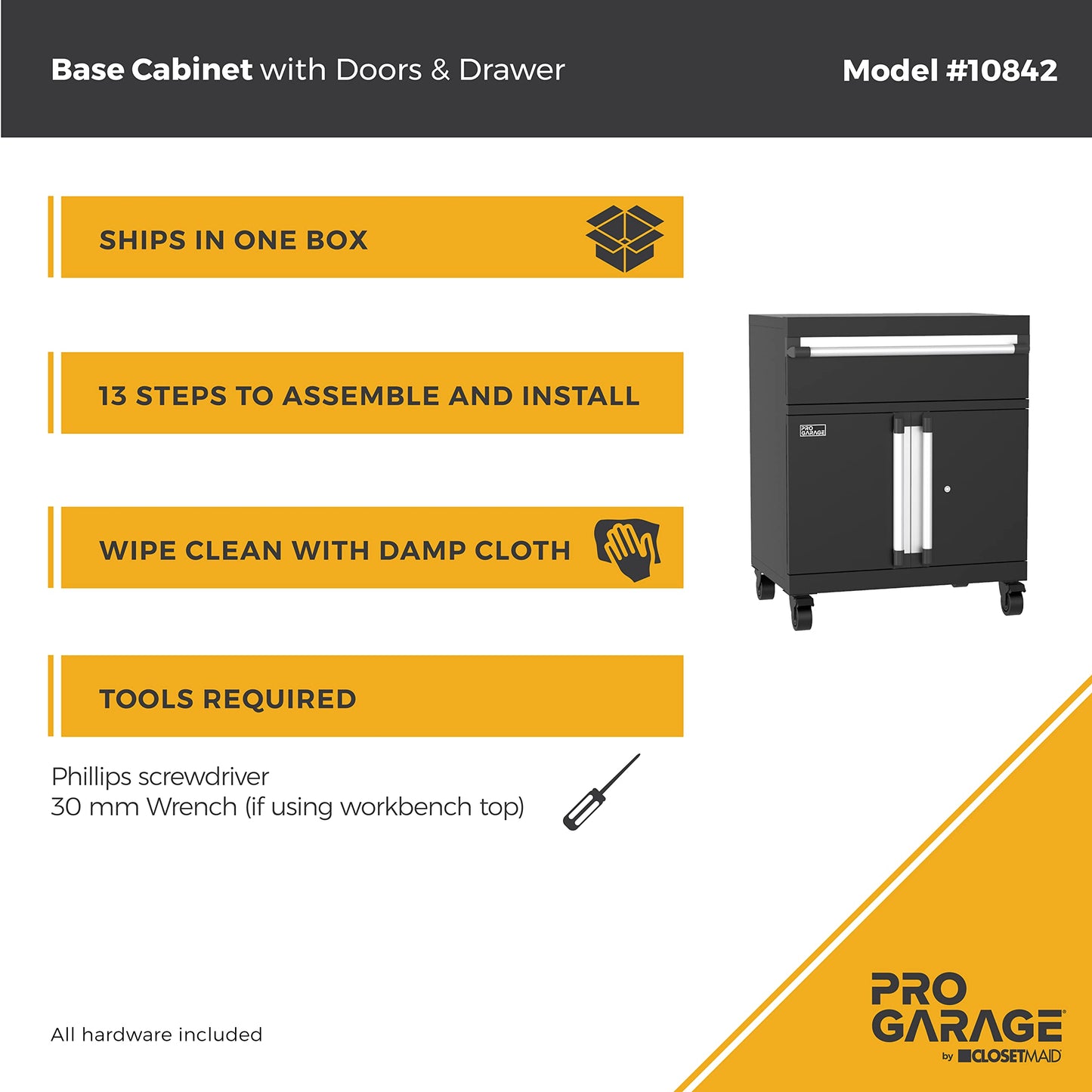 ClosetMaid ProGarage Base Cabinet with Wheels, Drawer, Two Doors, Lock and Shelf, for Garage Storage, Heavy Duty Steel, Black