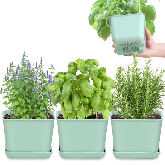 Oliz Herb Garden Planter Indoor Kit Pots for Indoor/Outdoor Plants 4 Packs Windowsill Plant Pots with Drainage and Tray, Window Pot for Indoor Plants (Green)