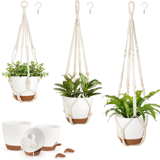 Mkono 3 Pack Hanging Planters for Indoor Plants with Self Watering, Outdoor Hanging Plant Pots with 35"/29"/23" Macrame Plant Hangers, 2 Types of Hanging Baskets for Garden Home Decor