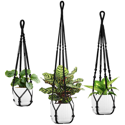 IDEEEPAN Macrame Plant Hanger - Fits 4 to 15 inches Pots for Indoor Outdoor, 43"/35"/29" Different Sizes Set, Black (POTS NOT Included)