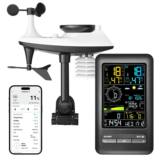 Professional WiFi Weather Station with Outdoor Sensor & Indoor Display | Real-Time Monitoring for TVOC Air Quality, Wind, Rain, Temp, Humidity | 100m Range, APP Alerts, Smart Forecast