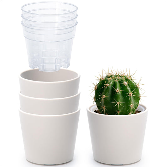 Phoenix Vine 3.5 Inch Oatmeal Plastic Cachepot with Clear Nursery Pot, Decorative Lightweight Planter Cover with Transparent Inner Pot for Indoor Houseplants, Pack of 4, 24-A-G-4
