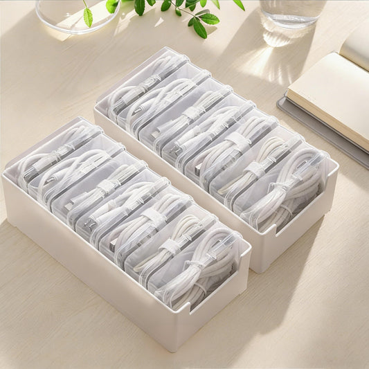 RayHenry 2 PCS Cable Organizer Box with 7 Clear Switch Case, Desktop Charger Cord Storage Organizer Box for Home Office Desk Accessories Wire Organization Stationery Supplies (white)