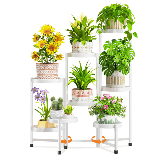 LASZOLA 8 Tiered Folding Tall Plant Stand Indoor for Multiple Large Planter, Heavy Duty Metal Adjustable Flower Rack for Narrow Corner, Sturdy Vertical Spiral Shelving Holder for Modern House, White