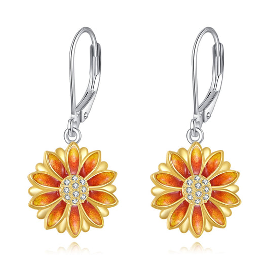 TIGER RIDER Sunflower 925 Sterling Silver Leverback Earrings Flora Jewelry Gift for Women Birthday Christmas
