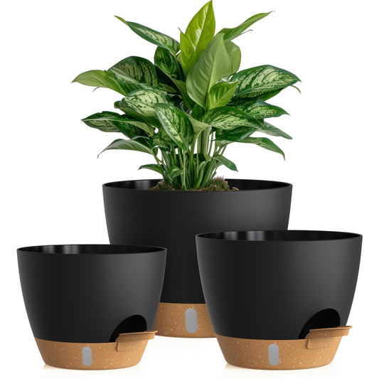 KUGAZ Self Watering Pots with Drainage Holes, 3 Pack 12/10/8 Inch Plant Pots with Water Level Indicator Deep Reservoir, Large Plastic Planter for Indoor Outdoor Plants - Black Brown
