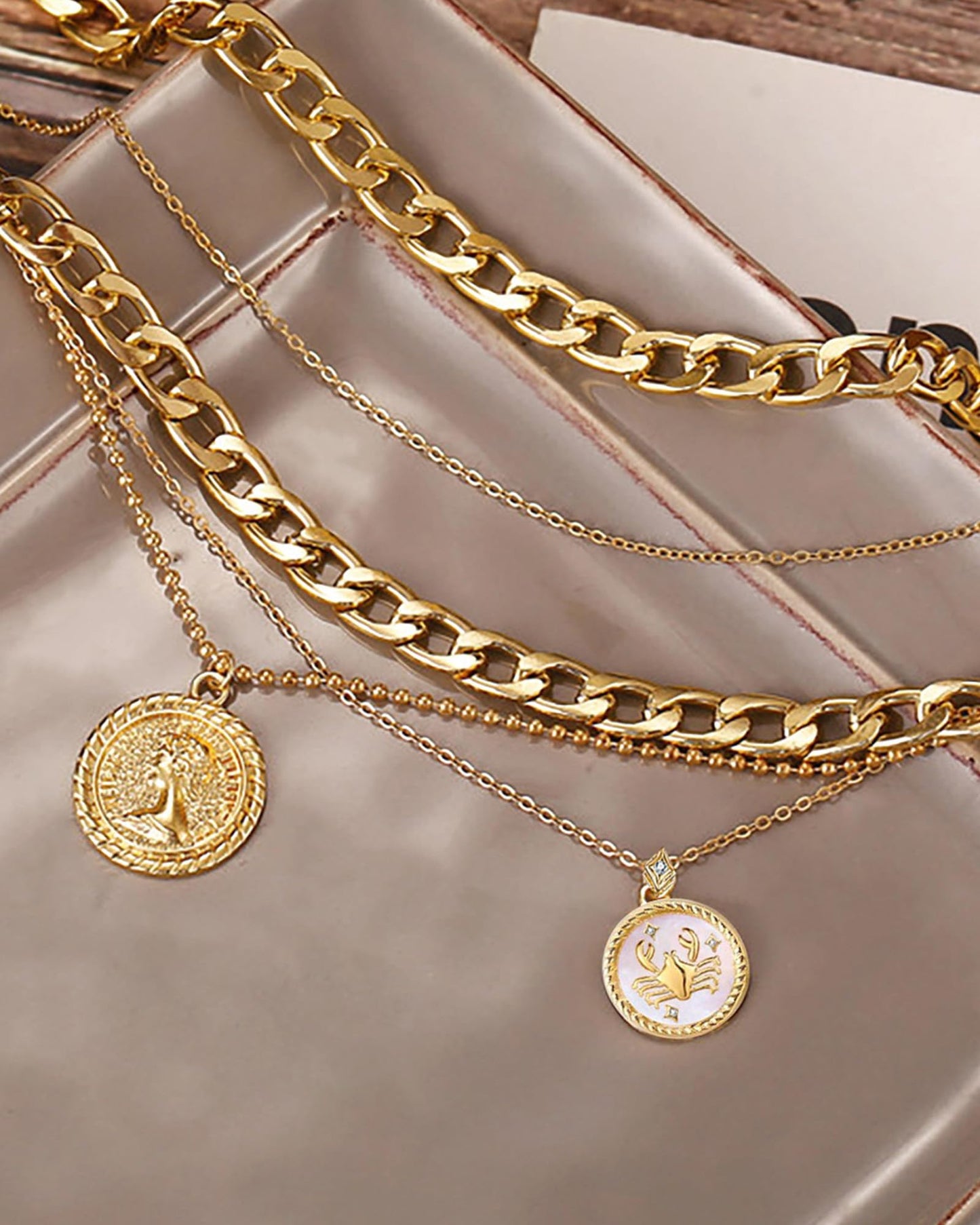 MJartoria Gold Layered Necklaces for Women Trendy Retro Coin Pendant Necklace Dainty Chunky Chain Choker Necklaces for Jewelry Birthday Gifts (Gold, Zodiac-Cancer-3PCS Layered)