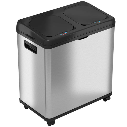 iTouchless 16 Gallon Stainless Steel Dual Compartment Sensor Kitchen Trash Can and Recycle Bin with Wheels – 60L Rectangular Garbage Can with Touchless Motion Sensor Lid & Removable Inner Buckets