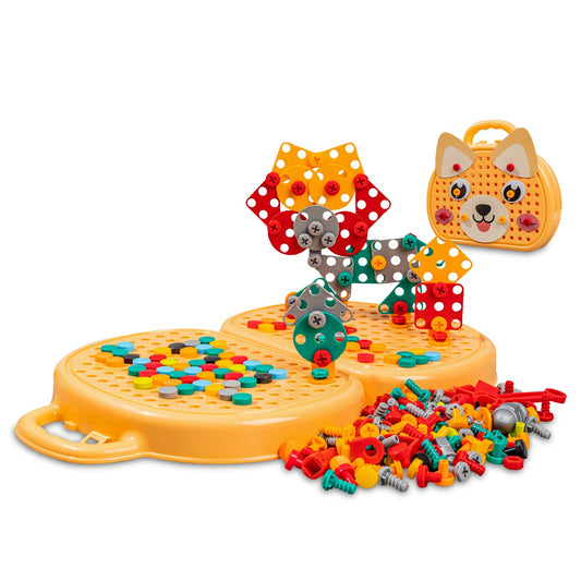 Magic Montessori Play Toolbox with Drill, 203Pcs Magic Montessori Play Toolbox Dog-Themed, 2D/3D Creativity Tool Box Montessori Toys Gift for Age 3-12 Years Old Boys Kids, Girls