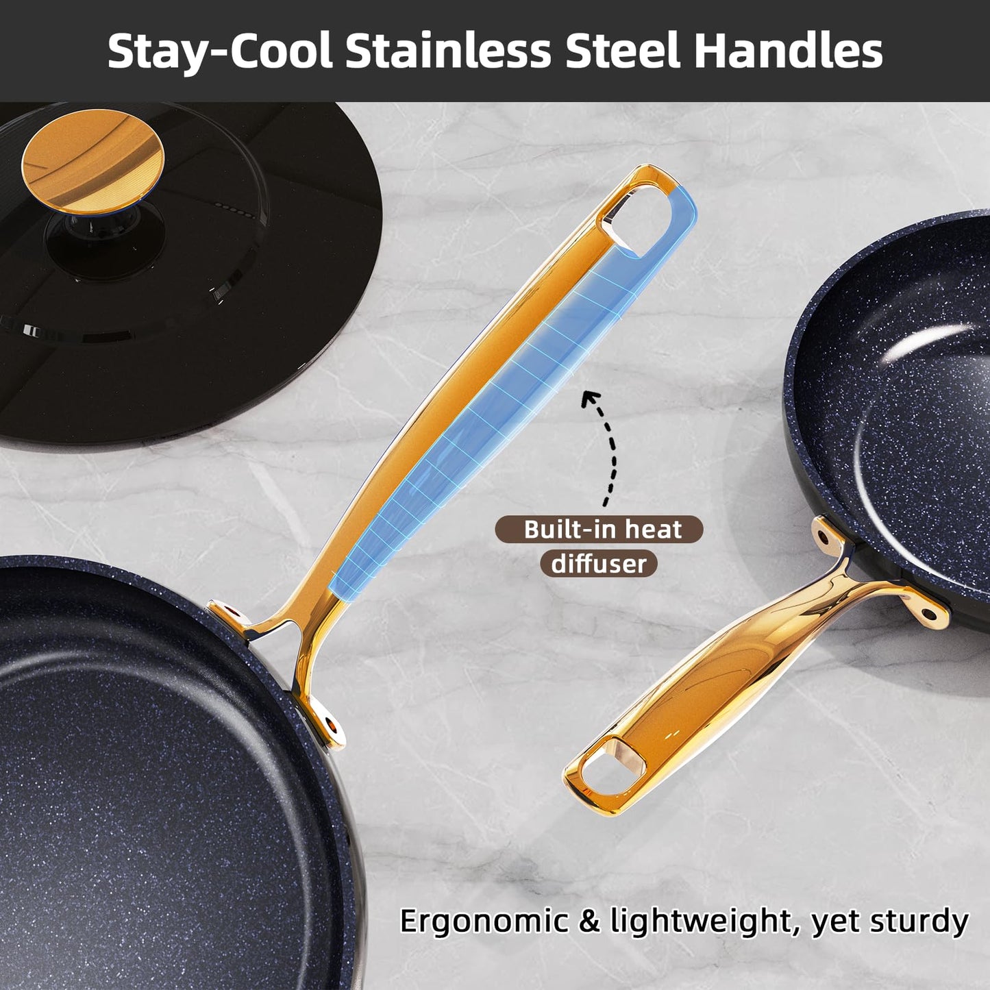 Nuwave Lux LE 13-Pc Cookware Set with Elegant Gold Handle, Diamond Infused Ceramic Non-Stick, PFAS Free, Premium Metal Lids, Ergonomic Stay-Cool Handles, Induction Ready & Compatible w/All Cooktops