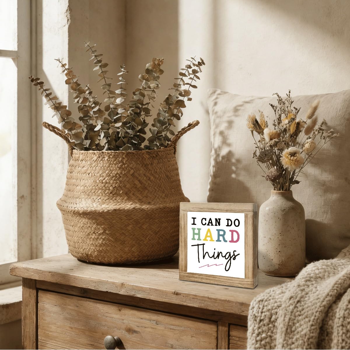 I Can Do Hard Things Sign, Inspirational Deocr, Wood Box Decor Desktop, Motivational Gift For Man Women, Sarcastic Positive Affirmations Decor, Farmhouse Home Office Decoration