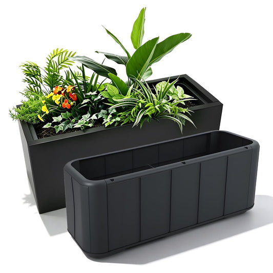 XHIKOWAT Large Rectangular Metal Planter Boxes with Plastic Inner Pot & Wheels - 33" Lx12 Wx14 H Balcony Flower Bed with Drainage Holes & Drip Tray for Outdoor Indoor Garden Patio Porch Lawn, Black