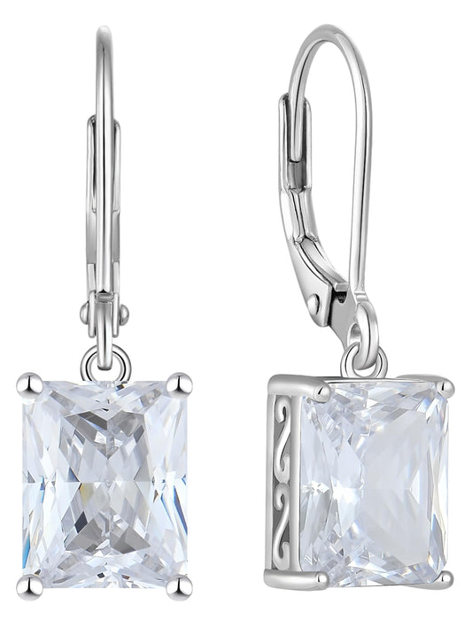 YL Solitaire Dangle Drop Earrings 925 Sterling Silver Leverback Earrings 8X10MM Square Cubic Zirconia Jewelry