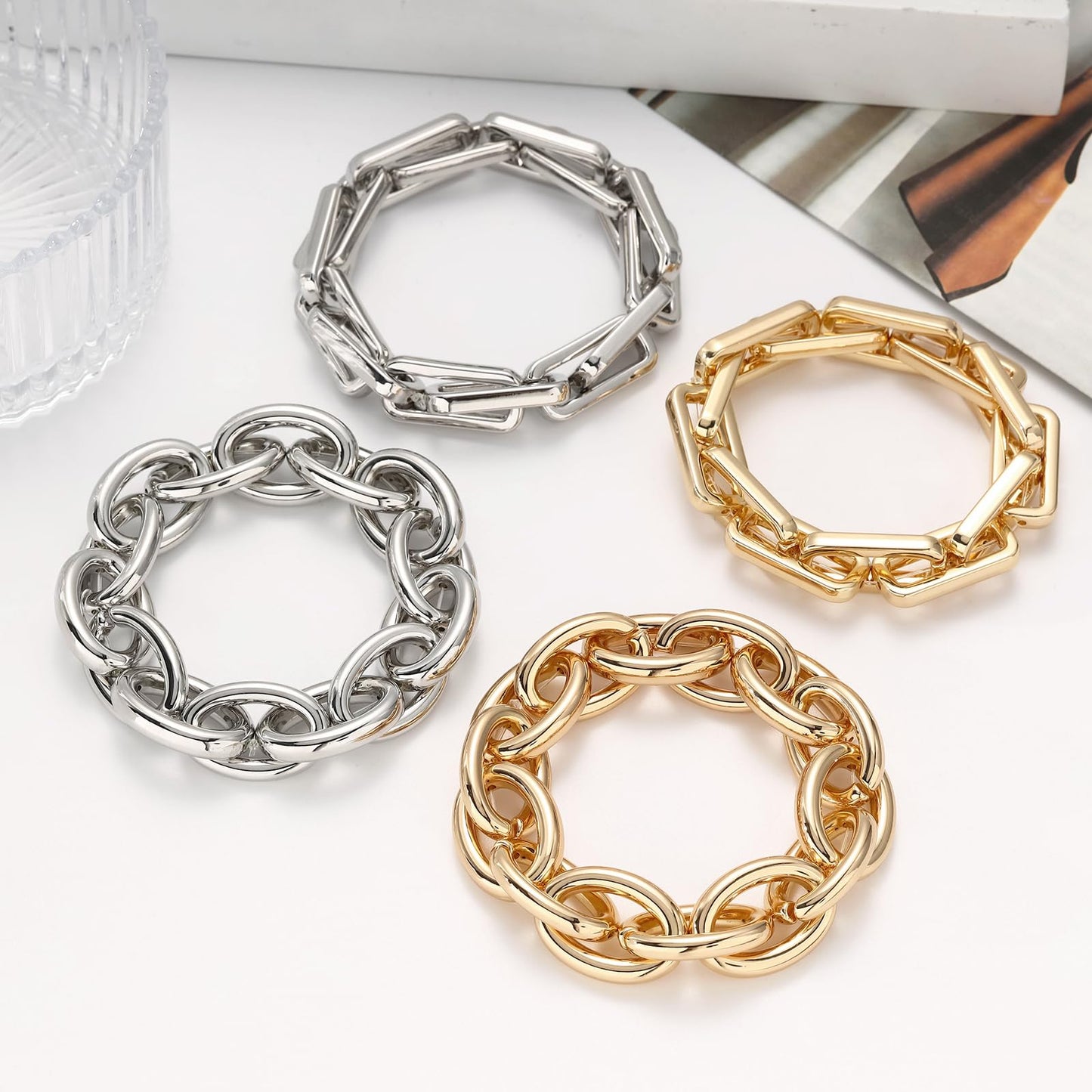 WZJLY Chunky Gold Bracelet for Women Non Tarnish, Trendy Stretch Cuban Link Chain Plated Gold Bangle Bracelets (O-Chain-Gold)
