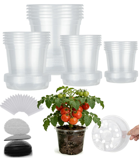 RZOIKZOI 20-Pack Clear Nursery Pots with Saucers (4/5/6/7 Inch)– Transparent Plastic Plant Pots with Drainage Holes and 20 Labels, Assorted Sizes for Seed Starting, Succulents, Indoor and Outdoor Use