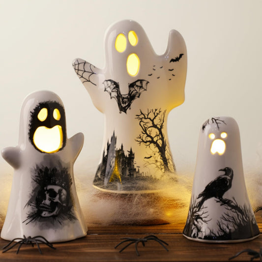 Yalikop 3 Pcs Ceramic Ghost Light up Decor Halloween Spooky Ghost Skull Decorations Indoor Gothic Vintage White Spider Web, Crow Raven Tabletop Decorations for Home Figurines Holiday Party