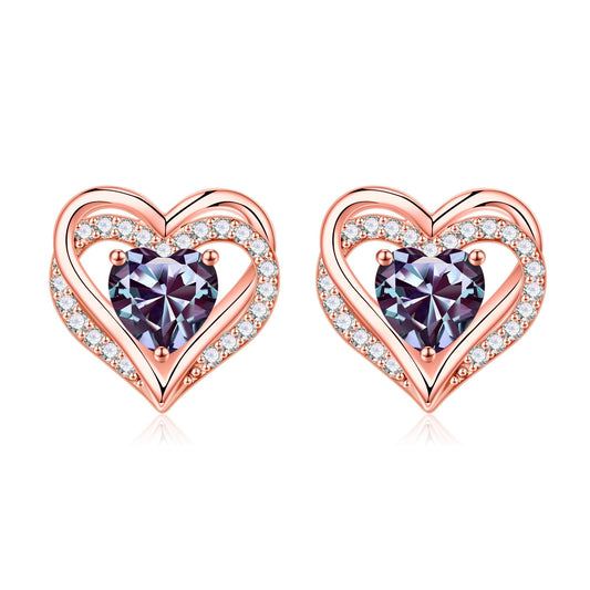 Iefil Heart Stud Earrings for Women, 925 Sterling Silver Rose-Gold-Plated June Birthstone Alexandrite Earrings for Women