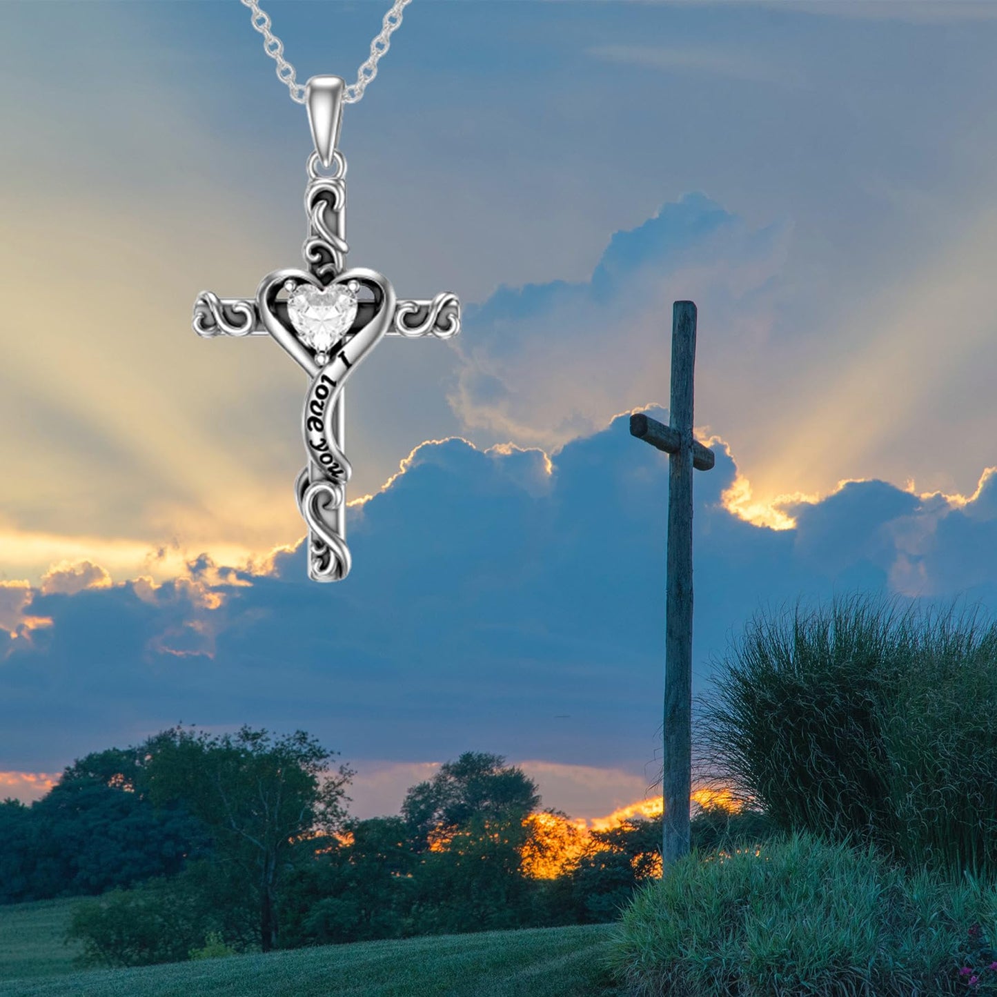 TOUPOP Diamond Cross Necklace for Women Sterling Silver April Birthstone Cross Pendant Necklace Heart Love Jewelry for Her Girlfriend Wife Mom Anniversary Birthday Mothers Day Gifts