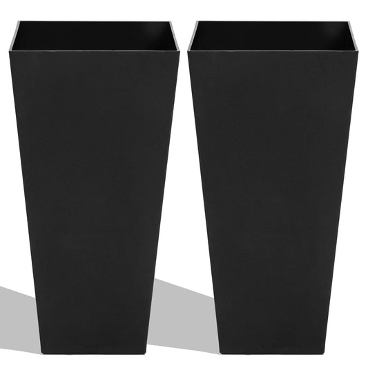 Worth Garden 2-Pack Black Matte Texture Square Tapered Planter - 25.5" H. Tall Plastic Plant Pots with Drain Hole for Indoor Outdoor - Modern Decorative Flower Pots for Front Porch, Patio, Deck