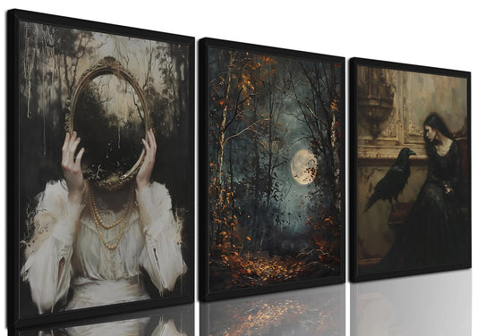 Framed Gothic Dark Academia Wall Art Set of 3, Vintage Moody Witch Raven Pictures Wall Decor, Halloween Spooky Full Moon Forest Paintings Canvas Prints for Living Room Bedroom Bathroom 12x16 inch