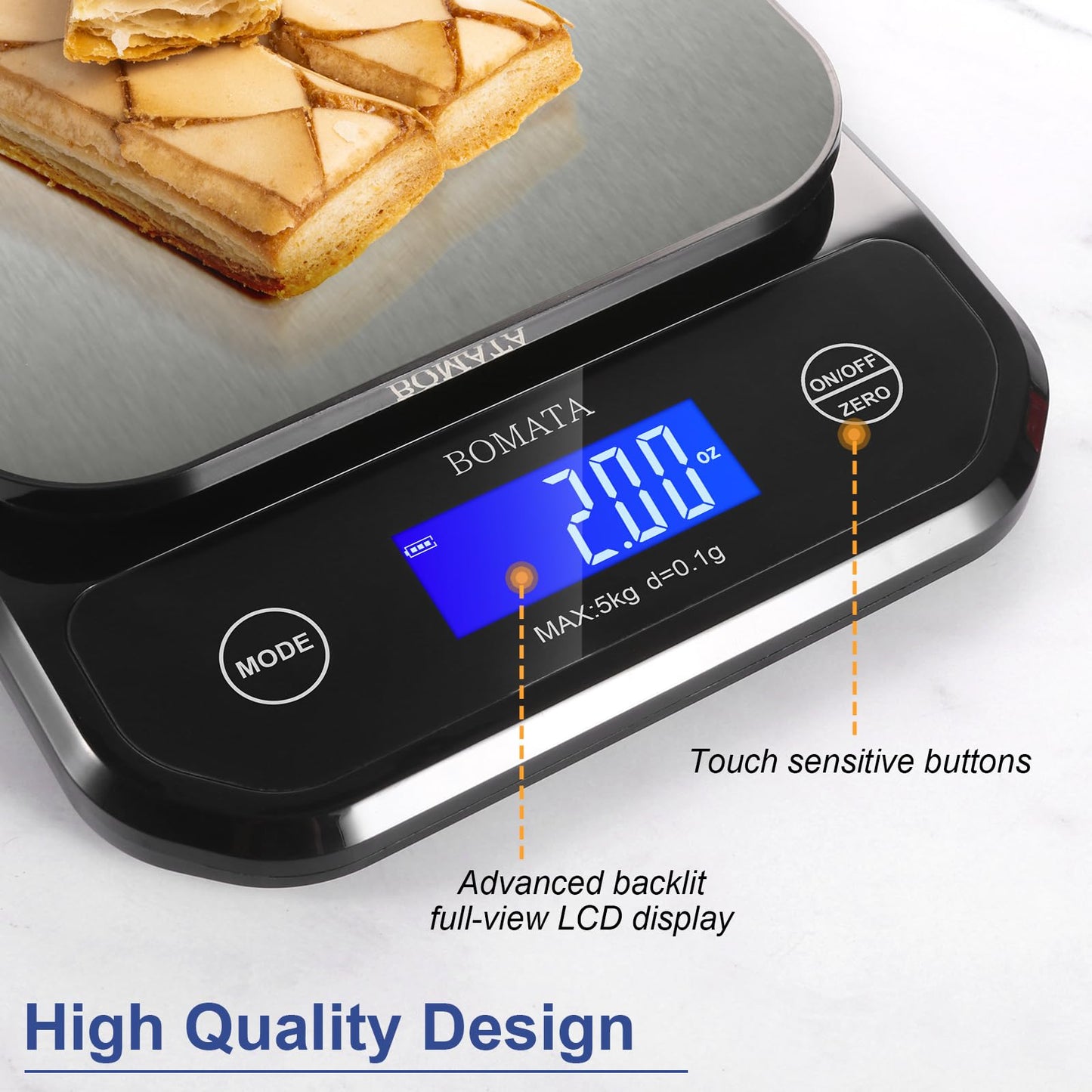 BOMATA Waterproof Kitchen Scale, 0.1g/0.01oz High Precision, 5kg/11lb, Washable, USB Rechargeable, Digital Scale for Food,Cooking, Baking, Weight Loss