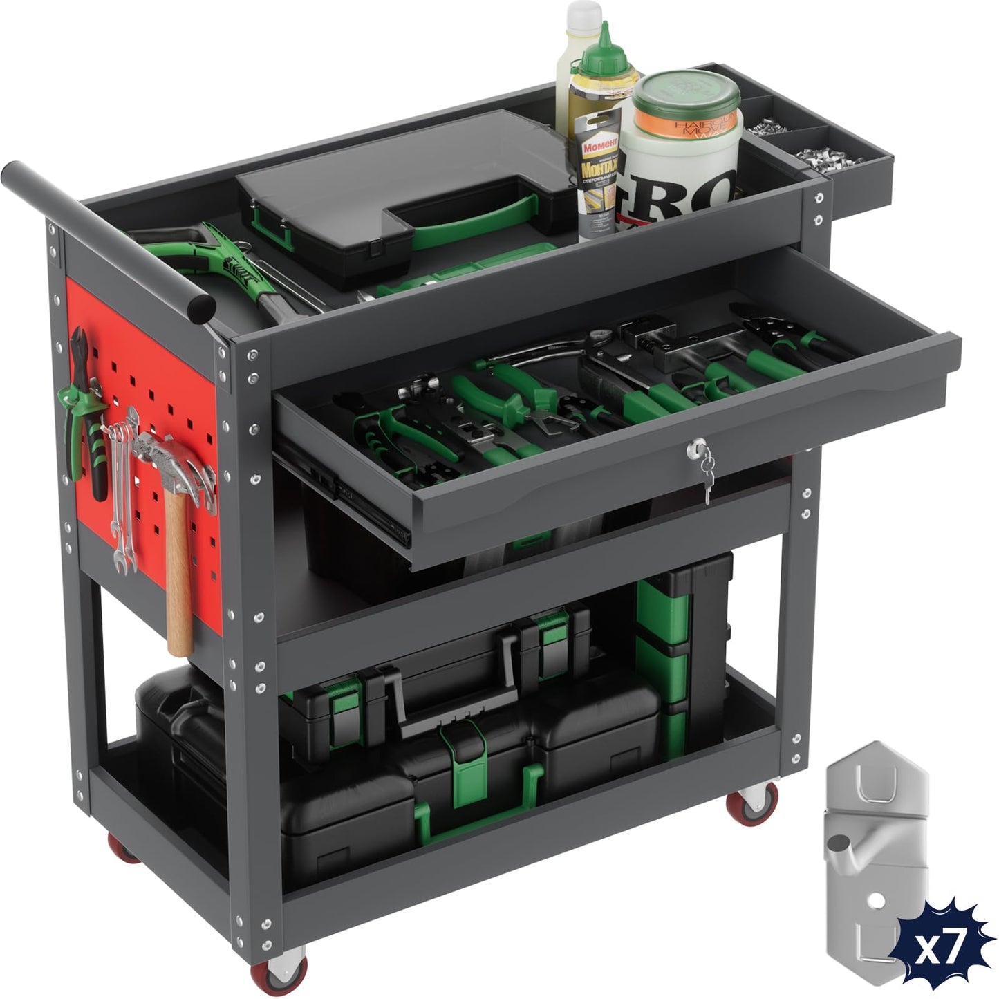 ALANNG 330 LBS Rolling Tool Cart with 1 Drawer & 3 Shelves | Heavy Duty Mechanic Cart Includes 7 Hooks, 2 Pegboards & Screw Organizer | Metal Service Cart for Garage Workshop (Grey, 1 Pack)
