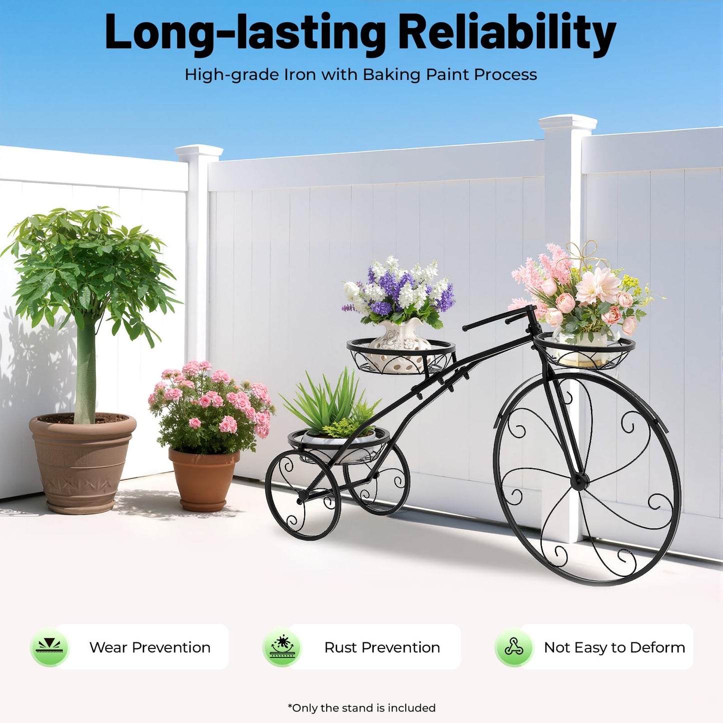 KEARIXM Bicycle Planter Stand, Metal Flower Pot Cart Holder with 3 Plant Bucket, Black Plant Stands, Metal Plant Stand, Flower Bar Cart for Garden, Wagon Planter Outdoor for Patio Balcony