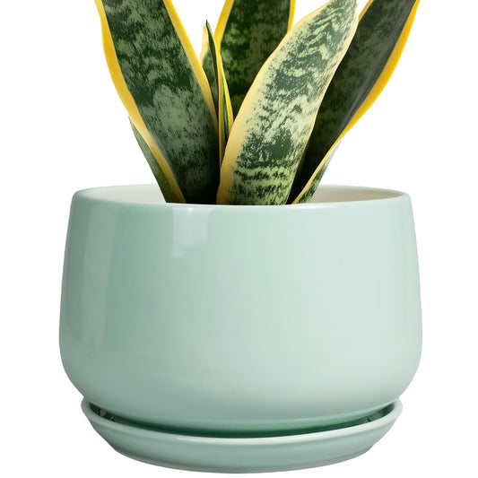 G EPGardening Ceramic Plant Pots - 7 Inch Planter for Indoor Outdoor Plants, Ceramic Planter with Drainage and Saucer, Round Modern Flower Pots, House Decor, Gift for Men Women, Green