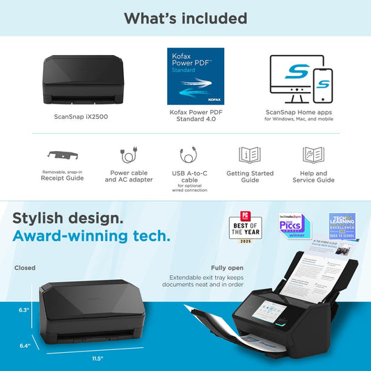 ScanSnap iX2500 Wireless or USB High-Speed Cloud Enabled Document, Photo & Receipt Scanner with Large 5" Touchscreen and 100 Page Auto Document Feeder for Mac or PC, Black