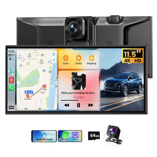 11.5" Extra Large Wireless Apple CarPlay Screen for Car, 4K Portable Car Play Screen & Android Auto HD Touch Screen, Dash Cam Front and Rear, App Control, Mirror Link, Voice Control, GPS, Bluetooth