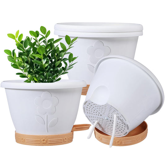 XMPBFYH Plant Pots, Flower Pots for Indoor/Outdoor Plants, Self Watering Plastic Planters Pots with Drainage Holes, Saucer & Reservoir, Decorative Nursery Planting Pots(10 Inch Set of 4)