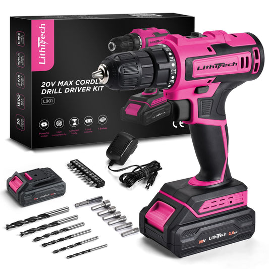 Lithitech 20V Pink Cordless Drill Set for Women - with 2.0Ah Battery & Charger, 3/8" Keyless Chuck,Lightweight Electric Power Drill Tool,2-Speed + 354 In-Lb Torque(Pink)