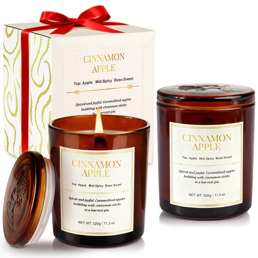 Scented Candles for Home,2 Pack Wood Wick Cinnamon Apple Scented Candles,Long Lasting Natural Soy Wax Candles with Gift Boxes,Cozy Aromatherapy Candle for Home Decor