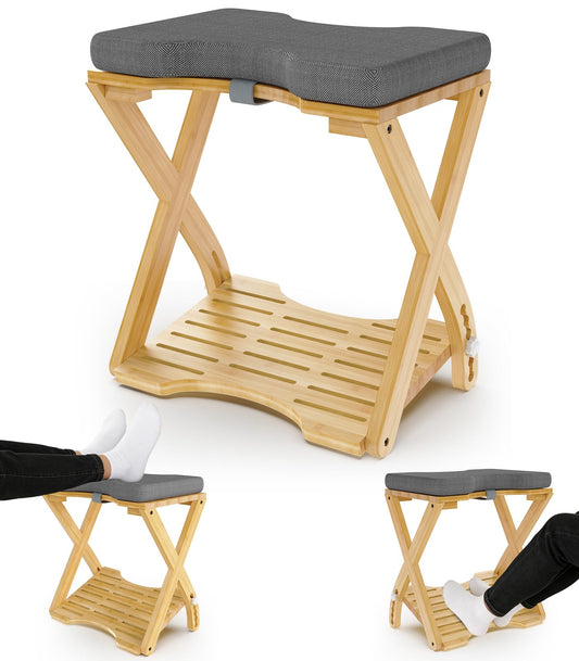 Double Step Foot Rest Under Desk at Work, Bamboo Foot Stool with 6 Adjustable Heights, Ergonomic Under Desk Footrest with Cushion for Home, Office & Gaming (Natural Color)