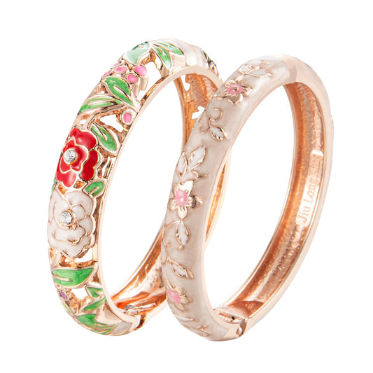 UJOY Vintage Cloisonne Jewelry Bracelet Rose Flower Handmade Rhinestones Enamel Spring Cuff Bangles 2 Pcs Set for Womens Gift 88A10-55A82 Cream White