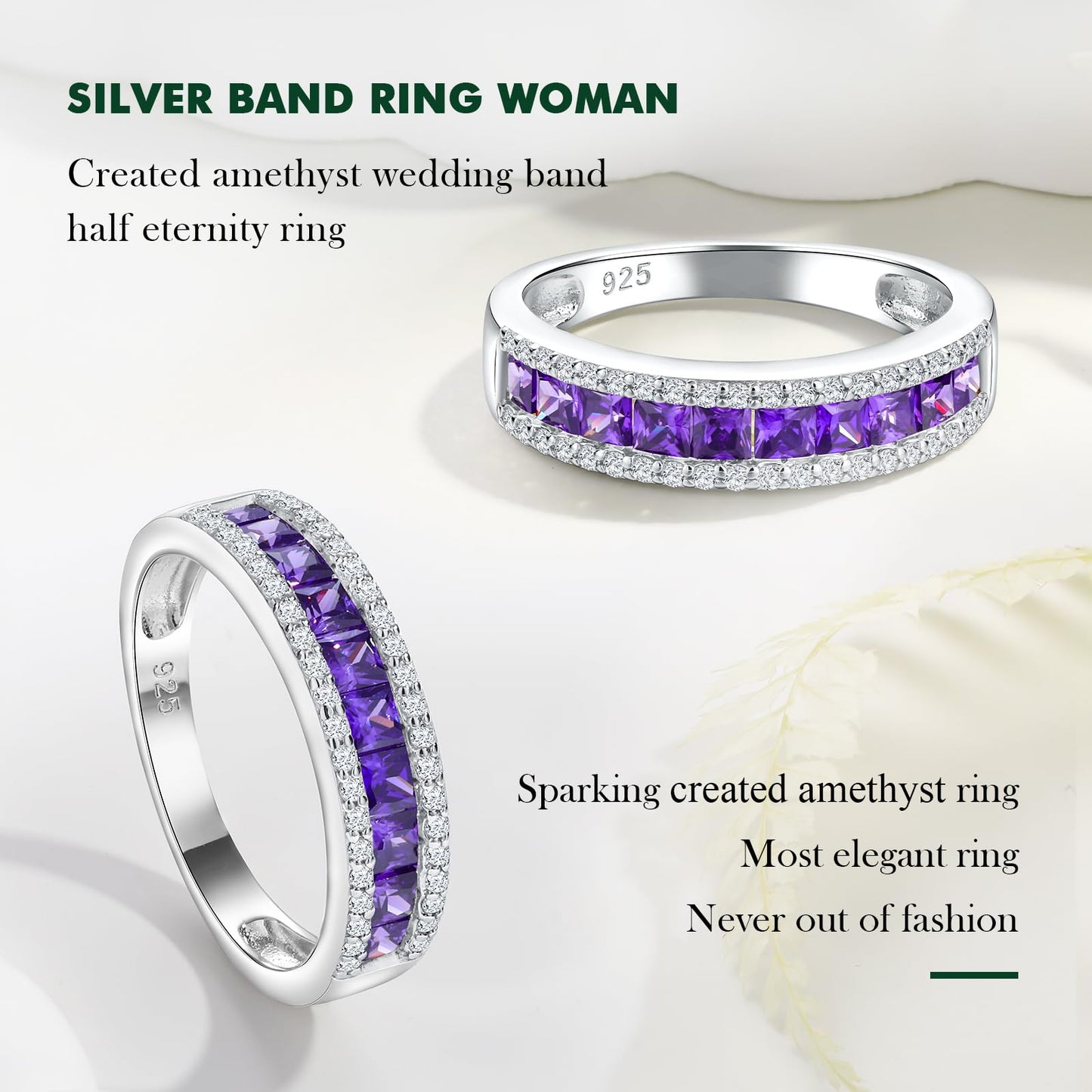 RANDES Amethyst Purple Ring February Birthstone Ring Sterling Silver Band Rings for Women Princess Cut Eternity Band Size 10
