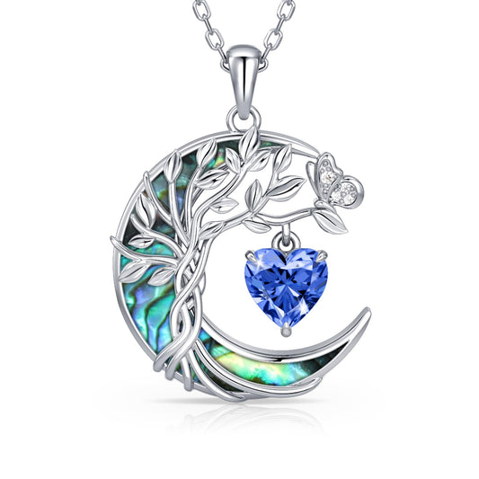 Distance Tree of Life Birthstone Necklace for Women, S925 Sterling Silver Premium Abalone Shell Moon Pendant December Heart Birthstone Necklace, Tanzanite Jewelry Christmas Birthday Gifts for Her Wife