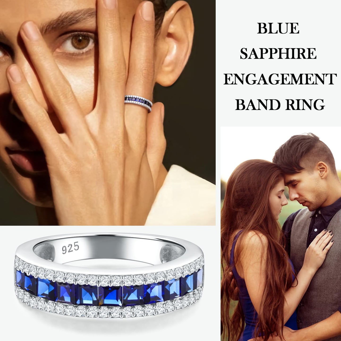 RANDES Blue Sapphire Eternity Rings for Women Men Wedding Bands 925 Sterling Silver Princess Cut Channel Set Ring Size 7.5