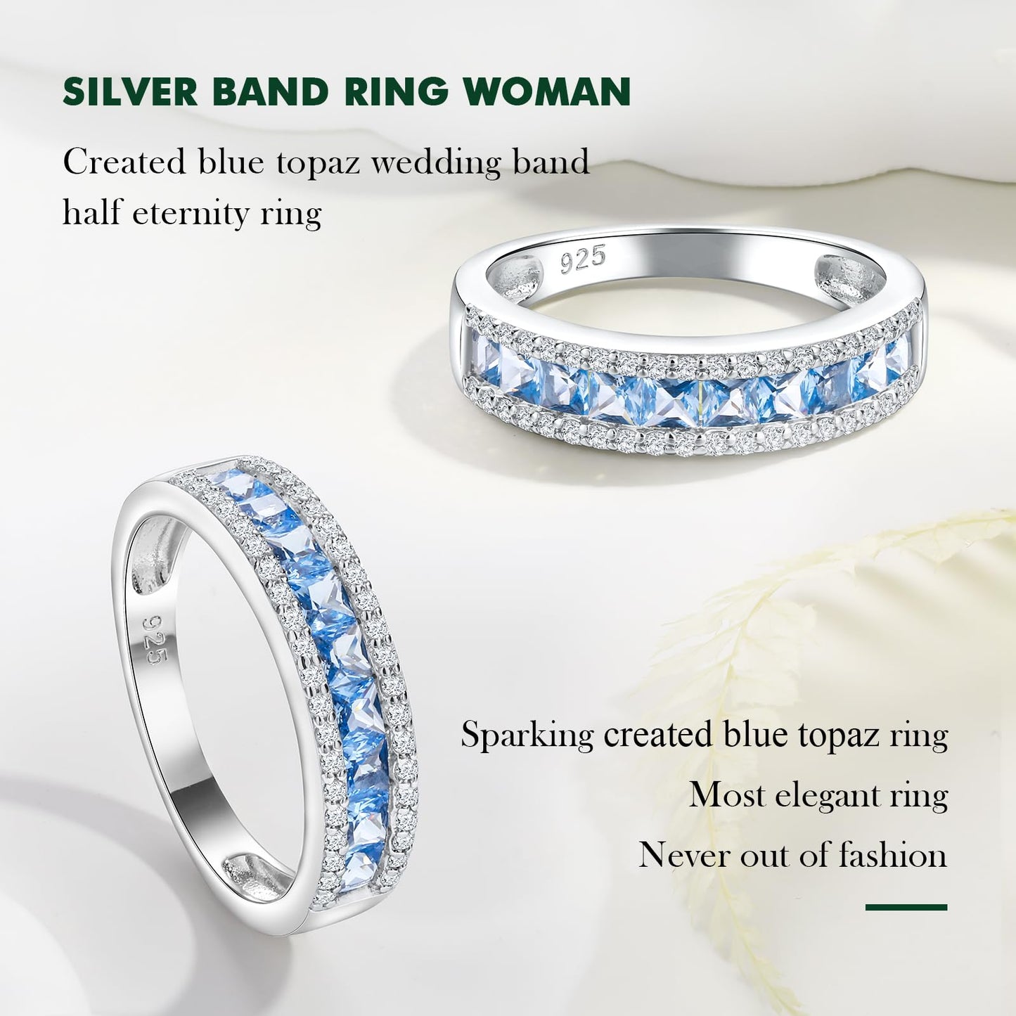 RANDES 925 Sterling Silver Blue Topaz Rings for Women December Birthstone Ring Channel Set Princess Cut Eternity Band Size 10