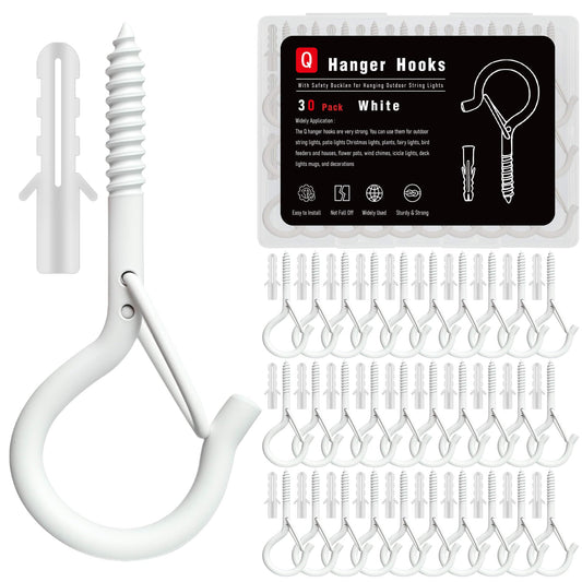 KULOLO Black Screw Hooks with Safety Lock 2.3" Rustproof Metal Ceiling Hooks for Hanging Plants, Baskets,String Lights & Outdoor Decor, 40LB Capacity (30, White)