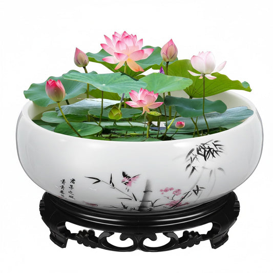 DOITOOL Lotus Bowl Planter, 6.9 Inch Water Lily Bowl Chinese Style Ceramic Lotus Planter, Bonsai Flower Water Lily Pot Hydroponic Pot with Plastic Base
