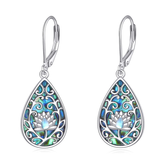 Lotus Earrings for Women 925 Sterling Silver Abalone Lotus Dangle Drop Moonstone Leverback Anniversary Jewelry Gifts for Wife