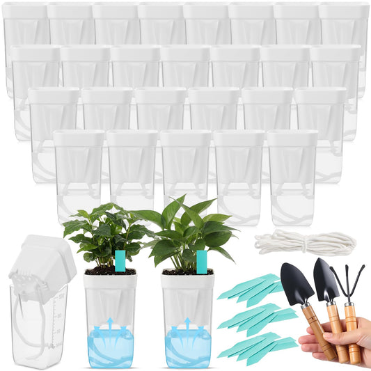 RimCereal 30 Pack 2" Small Self Watering Pots for Indoor Plants Clear Mini Self Watering Plant Pot with Water Level, Drainage Holes 30 Plastic Label 3 Planting Tools, Rope for Propagation Succulents