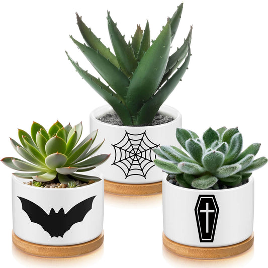 Jingmore 3 Pcs Decor Gift for Women Planter Ceramic Gift Animal Plant Pot with Bamboo Tray for Office Home Farm House Bathroom Kitchen Christmas Decorations (No Plants Included)(Gothic)