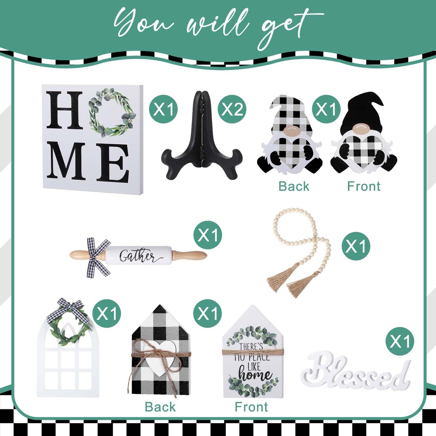 Yalikop 10 Pcs Farmhouse Decor for Tiered Tray, Black White Buffalo Plaid Gnome Wooden Mini Sign Rustic Table Ornaments for Kitchen Table Decor, Housewarming Gift (Cute Style)