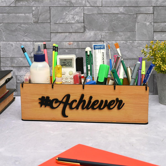 GKD Multifunctional Office Supplies Desk Organiser, 4 Compartment, Table Stationery Office Organizer, Motivational Gift for any Special Day, For Achiever (Bamboo)